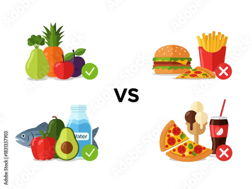 Healthy Food vs Junk Food – Nutrition Comparison Vector Illustration for Wellness Education