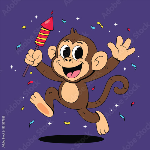 Cartoon Monkey Celebrating with a Firework Rocket