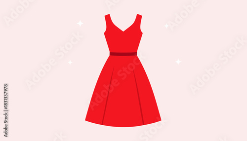 Elegant Red Dress with a Cinched Waist and Full Skirt on a Light Pink Background with Sparkles