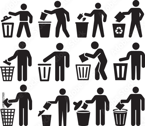 Illustrations of people disposing of waste into various trash receptacles