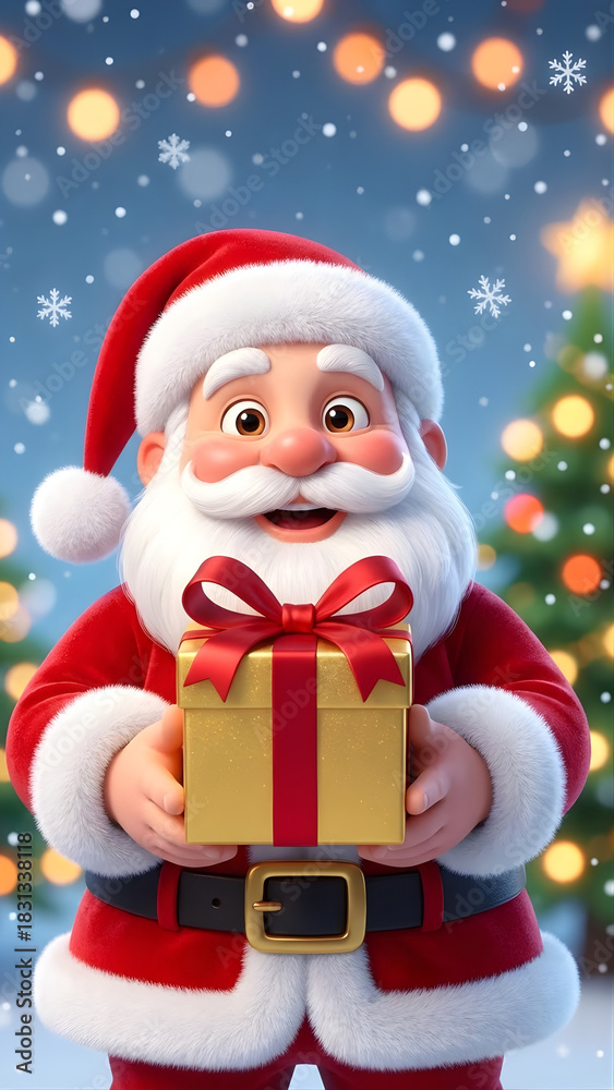Fototapeta premium Adorable 3D rendered Santa character smiling with Christmas presents