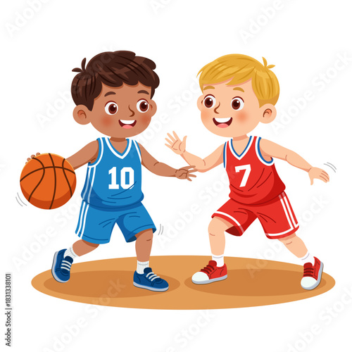 Cute little boys playing basketball on an indoor court