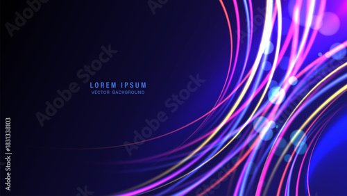Vibrant abstract background featuring curved lines in bright neon, soft bokeh circles, and glowing effect