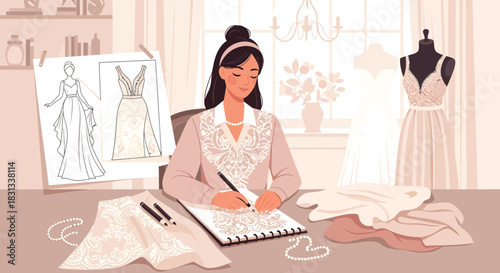 Fashion designer sketching elegant bridal dresses in her atelier, a creative process