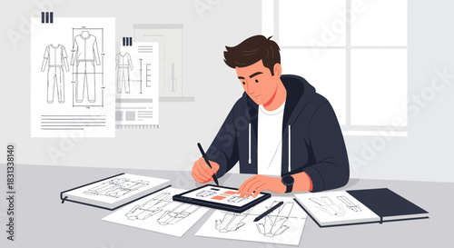 Creative Fashion Designer Sketching New Apparel Collection on Digital Tablet