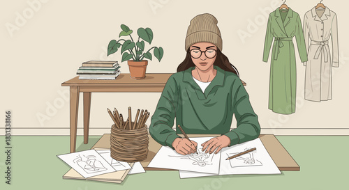 Fashion Designer Concentrated on Sketching Dress Designs in Creative Workspace