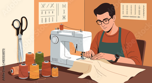 Focused tailor expertly operating a sewing machine with meticulous attention to detail