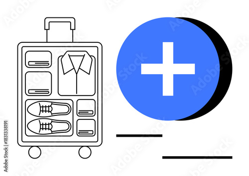 Travel packing concept. Travel packing essentials with organized suitcase compartments and a blue plus symbol. Travel packing preparation and efficient trip planning. Perfect for travel apps