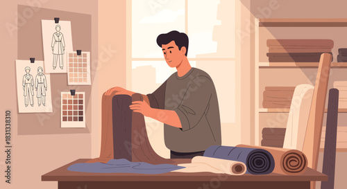 Creative fashion designer selecting fabrics in a well-lit studio workspace