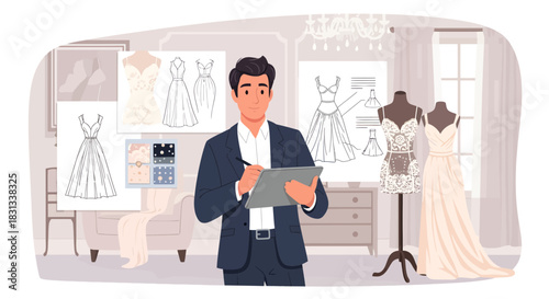 Fashion designer sketching bridal collection, creating modern stylish wedding dresses
