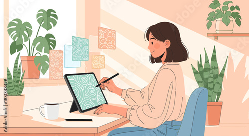 Digital Illustrator Creating Geometric Art on Tablet in Cozy Home Studio Setting