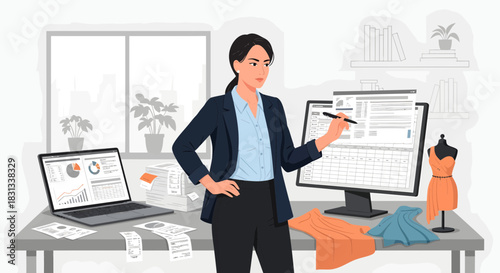Fashion entrepreneur reviewing data, merging creativity with financial strategy expertly