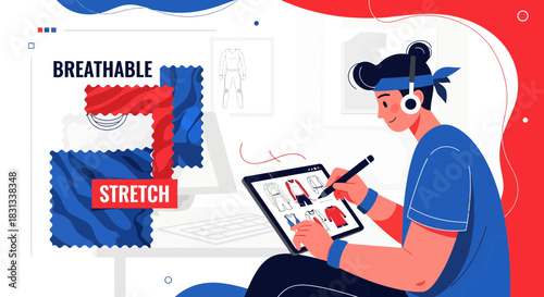 Illustration of a fashion designer creating clothing designs on a digital tablet