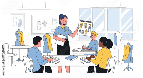 Fashion design education: teacher presenting clothing sketches to students