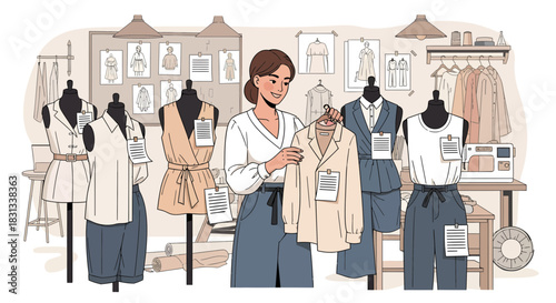 Fashion designer's creative workspace showcasing custom designs and garment planning