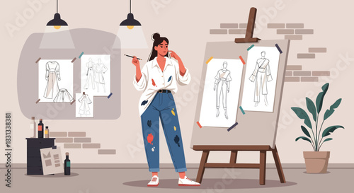 Fashion designer concept illustrating creative process in clothing design studio