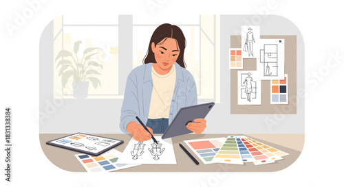 Fashion designer working on a new collection with digital tools and color palettes