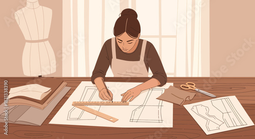 Fashion designer meticulously drafts pattern on her table with precision and care
