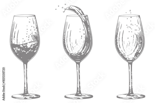 vector sketch Whiskey wine glass with alcohol liquid splash illustration. Bar menu design elements. Eps 10