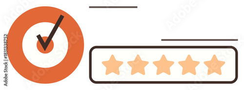 Orange circle with checkmark and five-star rating bar. Ideal for quality, trust, review, customer satisfaction, validation, rating, success in business. Clean simple flat metaphor