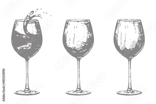 Whiskey wine glasses with alcohol liquid splash. Bar menu design elements vector illustration. Eps 10