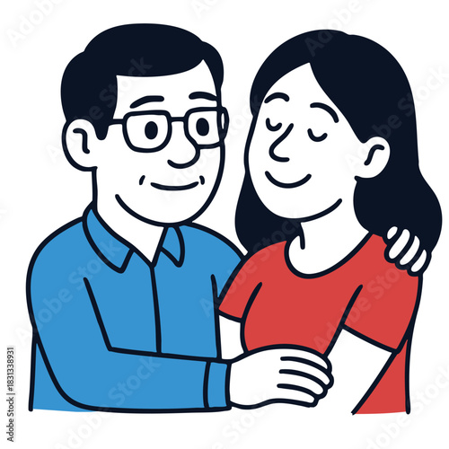 Happy couple smiling, man with glasses hugging woman, both wearing casual clothes, affectionate