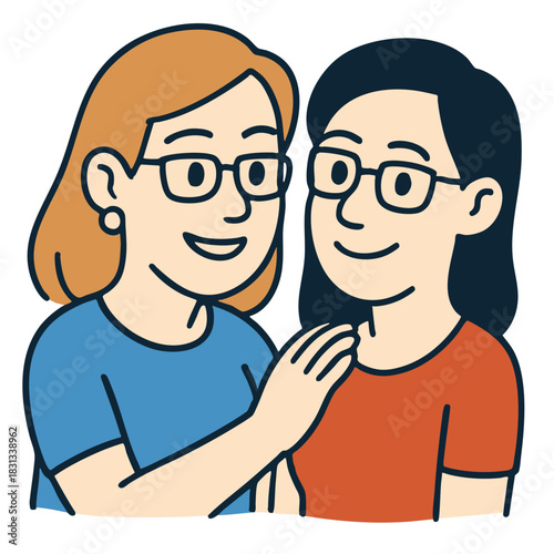 Two women smiling together, wearing glasses, casual clothing, friendly and supportive mood