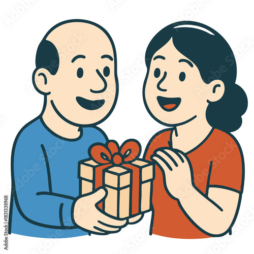 Man giving woman gift box, happy couple smiling, celebration, love, relationship, cartoon style