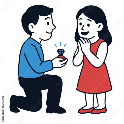 Man proposing marriage with diamond ring, woman surprised and happy, romantic moment, engagement