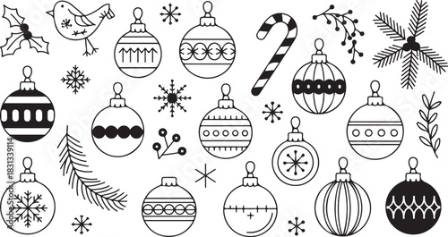 Many black outline Christmas ornaments and winter holiday elements are arranged on a white background