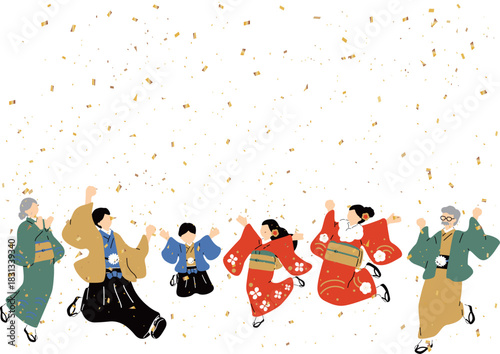 お正月にシャンプする家族と紙吹雪