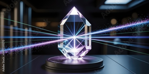 Futuristic crystal prism with neon light beams on pedestal in dark sci fi lab interior concept of quantum technology and modern innovation