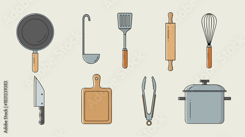 Collection of various kitchen utensils and cookware for cooking and baking