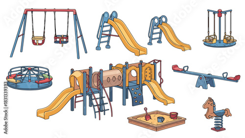 Collection of playground equipment illustrations swings, slides, seesaw, sandbox, carousel, and more