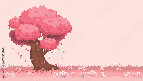Vector Romantic Spring Landscape Cute Cartoon Pink Sakura Tree