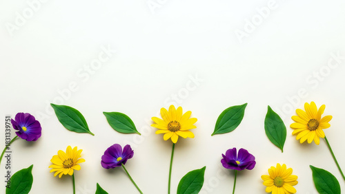 Yellow and purple flowers with green leaves creating border