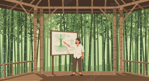 Lecturer demonstrating botanical biology in a tranquil bamboo garden pavilion