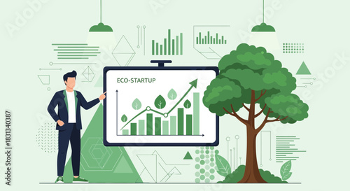 Eco-startup presentation with growing charts and sustainable business illustration