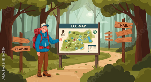 Animated forest trail map with hiker planning a journey through nature trails