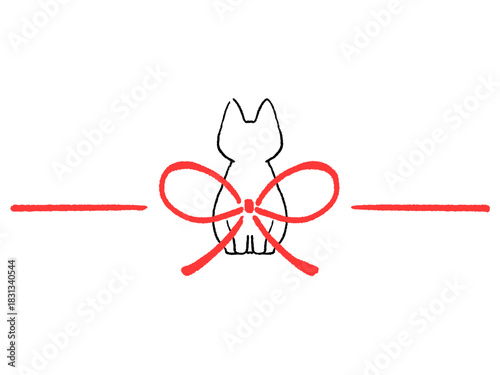 赤い蝶結びとネコ　シンプルでかわいい　線画　イラスト
