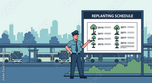 Officer overseeing urban replanting project timeline within a bustling city environment