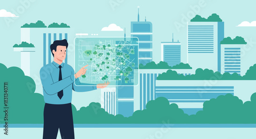 Futuristic city planning interface showcasing eco-friendly development strategy