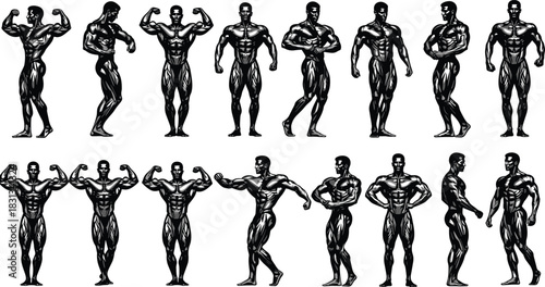 Bodybuilder vector illustration set, muscular man posing, black and white fitness character, strong anatomy, gym workout silhouette, bodybuilding contest collection