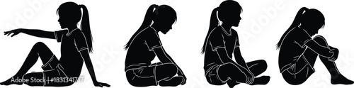 Child sitting silhouette, emotional posture illustration, body language vector, black design concept, psychological expression art, minimal seated figure poses