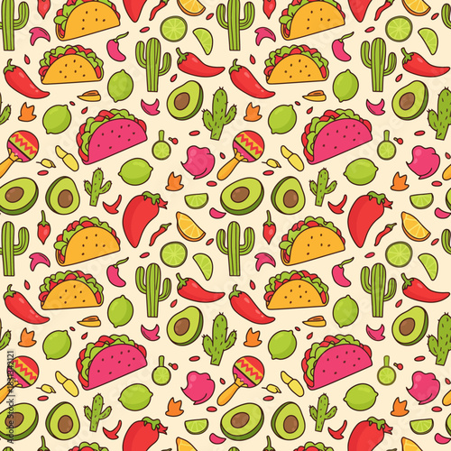Colorful mexican tacos and vegetables seamless pattern in bright tones for festive latin cuisine food lover fabric textile design