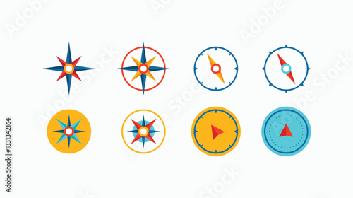 Collection of eight flat compass and wind rose icons in bright red, yellow, and blue colors, isolated on white background for travel and navigation concepts