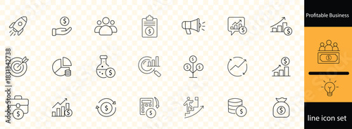 Profitable business icon collection set. Containing profit, revenue, income, sales, margin, cash flow, capital, asset icon. Simple line vector