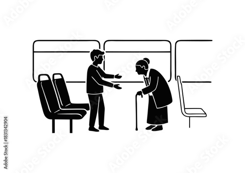 Silhouette illustration of a polite young man giving his seat to an elderly lady with a cane on public transportation