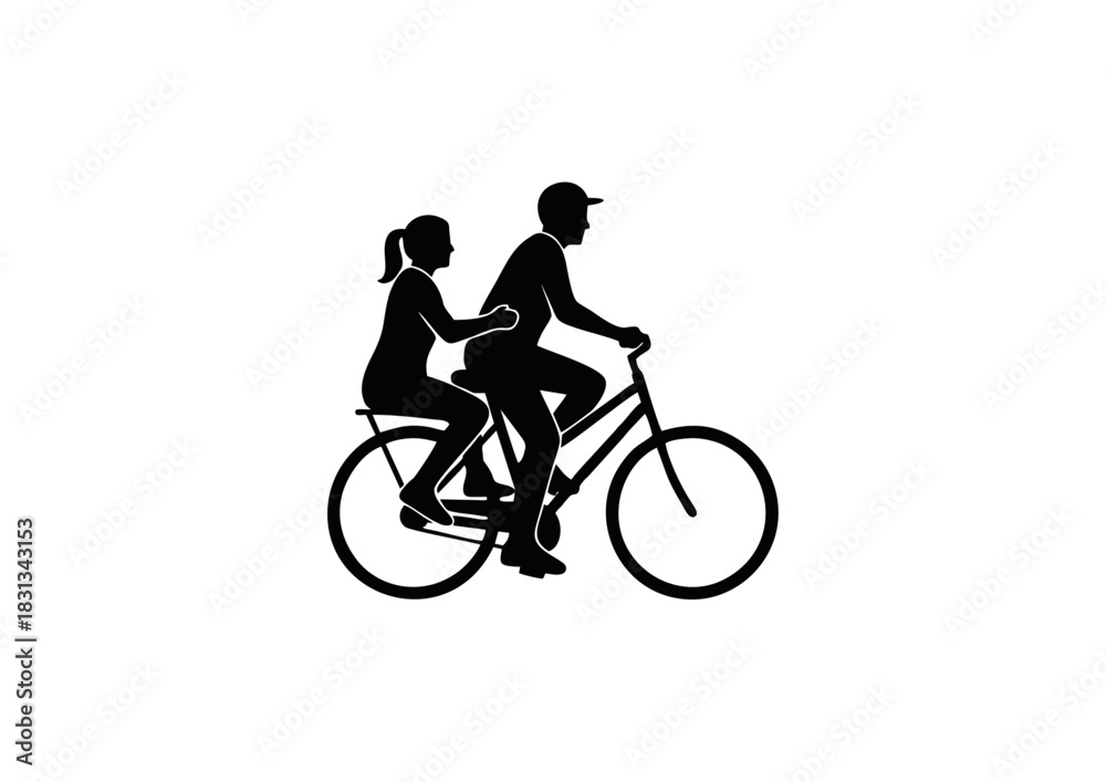 Naklejka premium Silhouettes of a couple riding a bicycle together, representing partnership, shared experiences, and outdoor activity