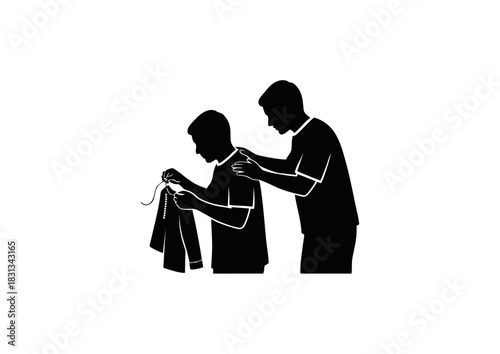 Two people working on a garment with needle and thread, illustrating a skilled craft or trade